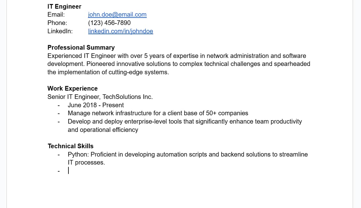 IT Engineer Resume