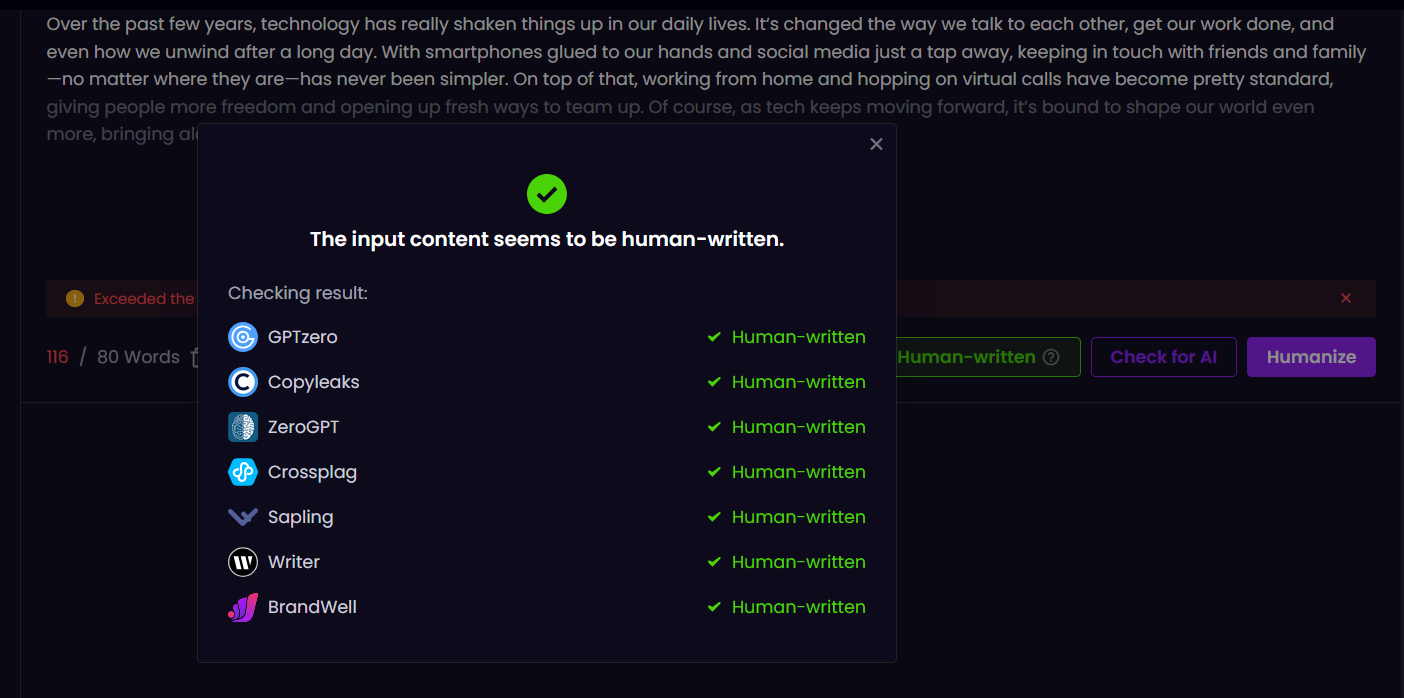 Detection results of text humanized by QuickInputAI