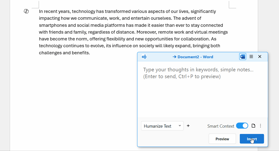 QuickInputAI generating humanized text directly in Word