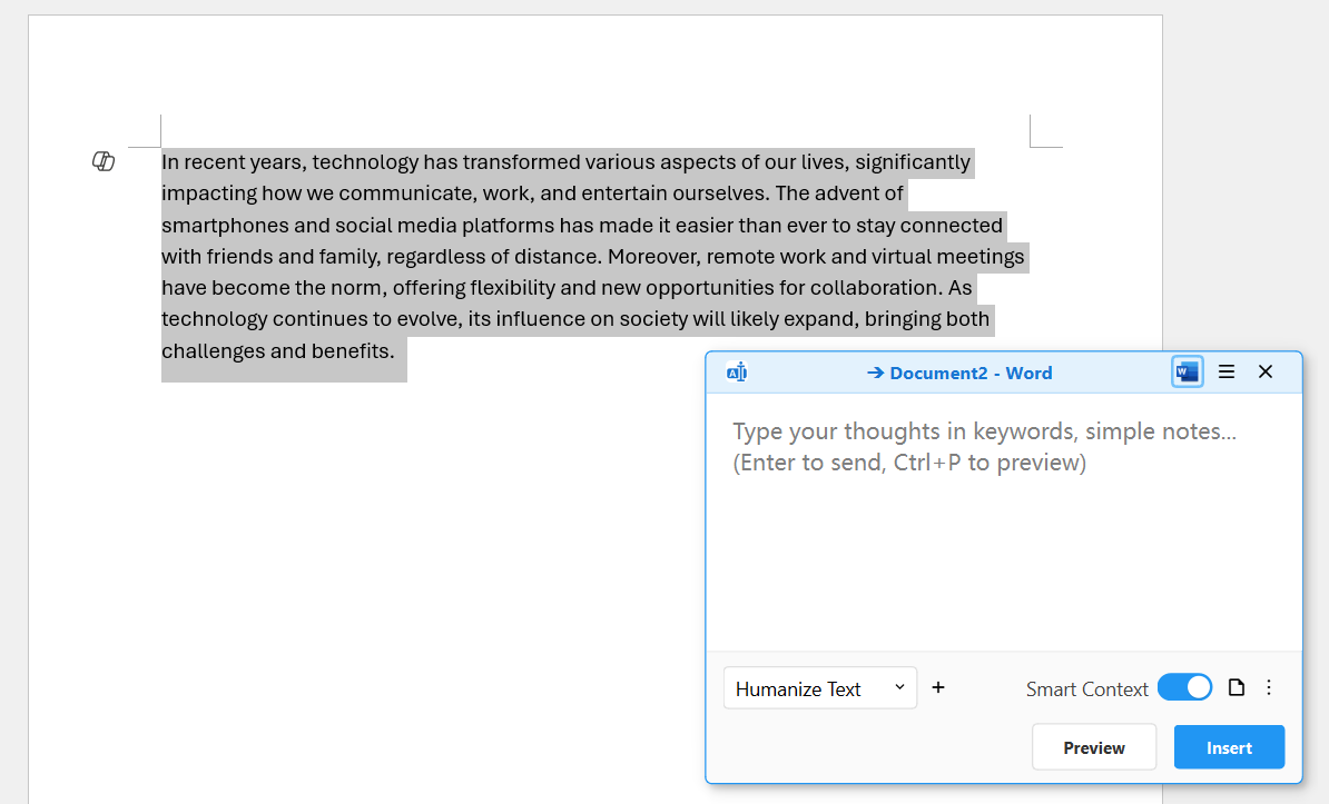 Sample text selected in MS Word with QuickInputAI Popup activated
