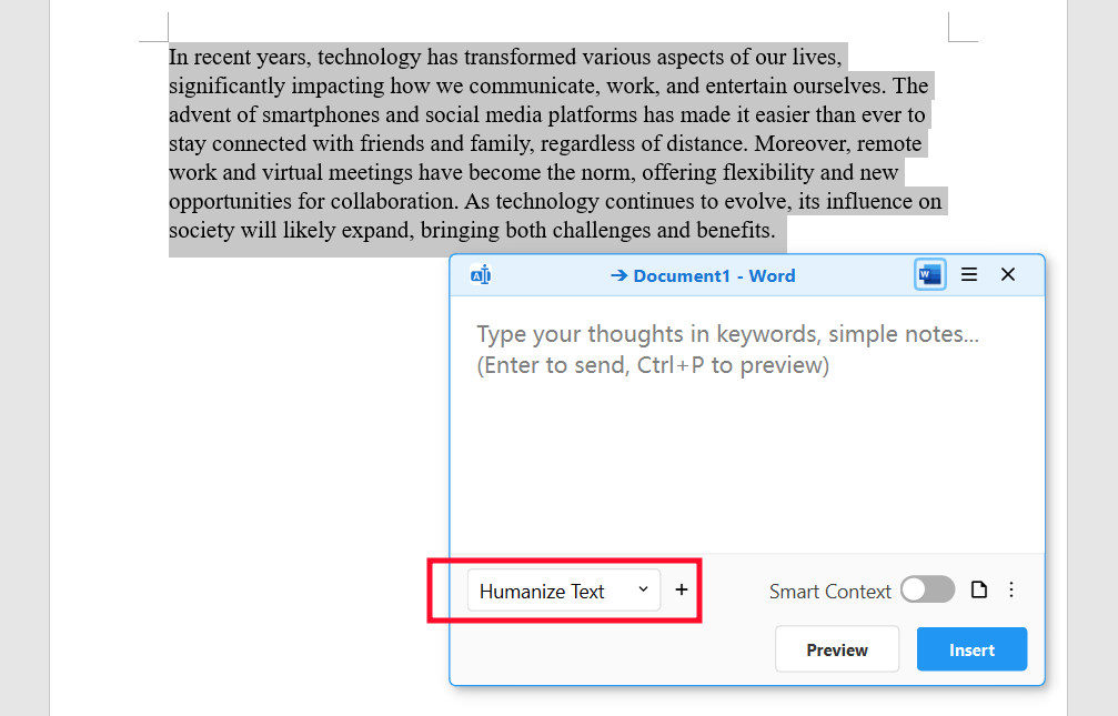 Select AI Text In Word And Activate QuickInputAI